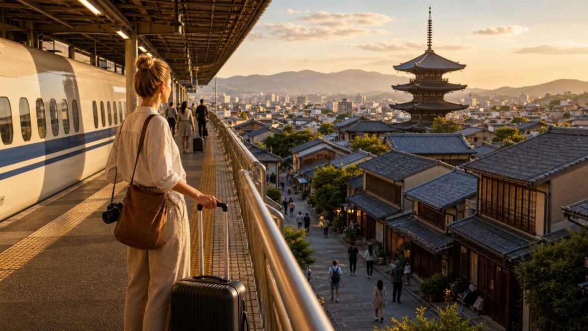 Japan itinerary for 10 days with a traveler beside a Shinkansen overlooking traditional Japanese architecture