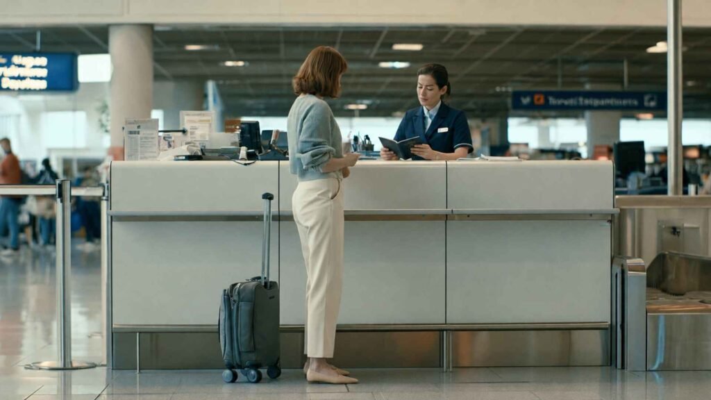 Japan Entry Requirements 2026 – airline representative checking a traveler’s open passport before departure