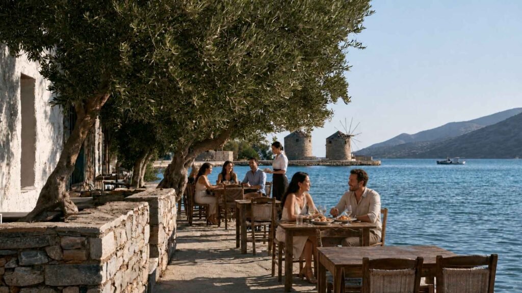 Kanali seafood restaurant in Elounda with waterfront dining near the historic stone windmills and causeway.