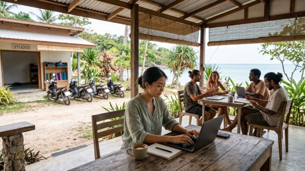 Koh Phangan digital nomad working beside a wellness studio and an international remote-work community in Sri Thanu