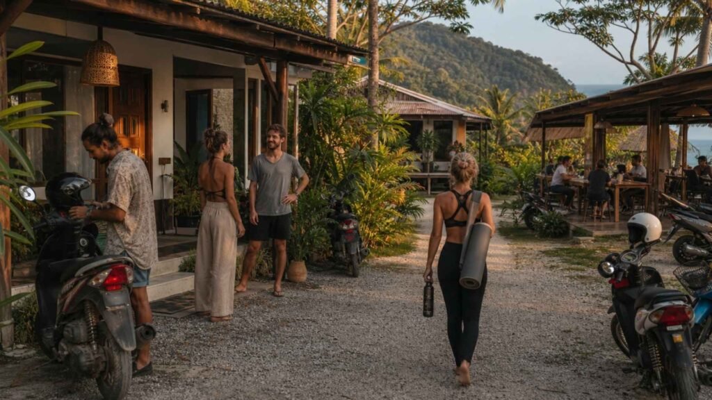 Digital nomads living in Koh Phangan with tropical bungalows, scooters, a coworking area and wellness activities