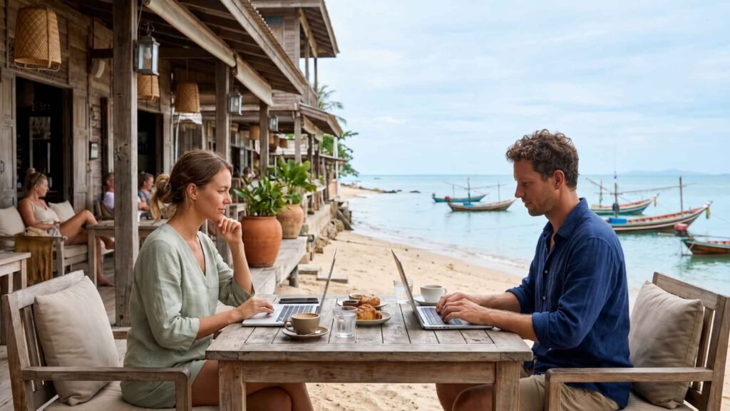 Koh Samui digital nomad couple working from a beachfront café in Bophut near traditional fishing boats