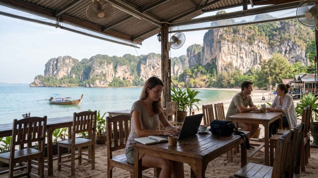 Krabi digital nomad working in a beach café overlooking limestone cliffs and a traditional long-tail boat