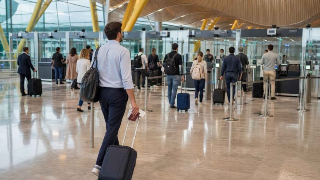 Travellers approaching passport control at Madrid Barajas Airport