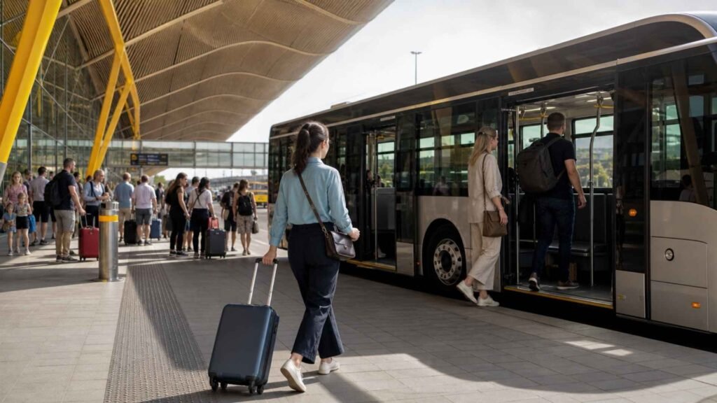 Travellers boarding the terminal shuttle at Madrid Barajas Airport