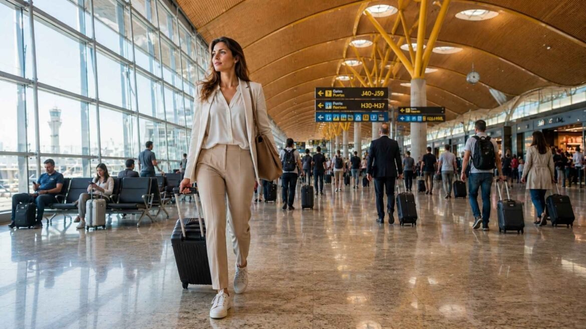 Madrid Barajas Airport terminal interior with a traveller walking through the modern concourse