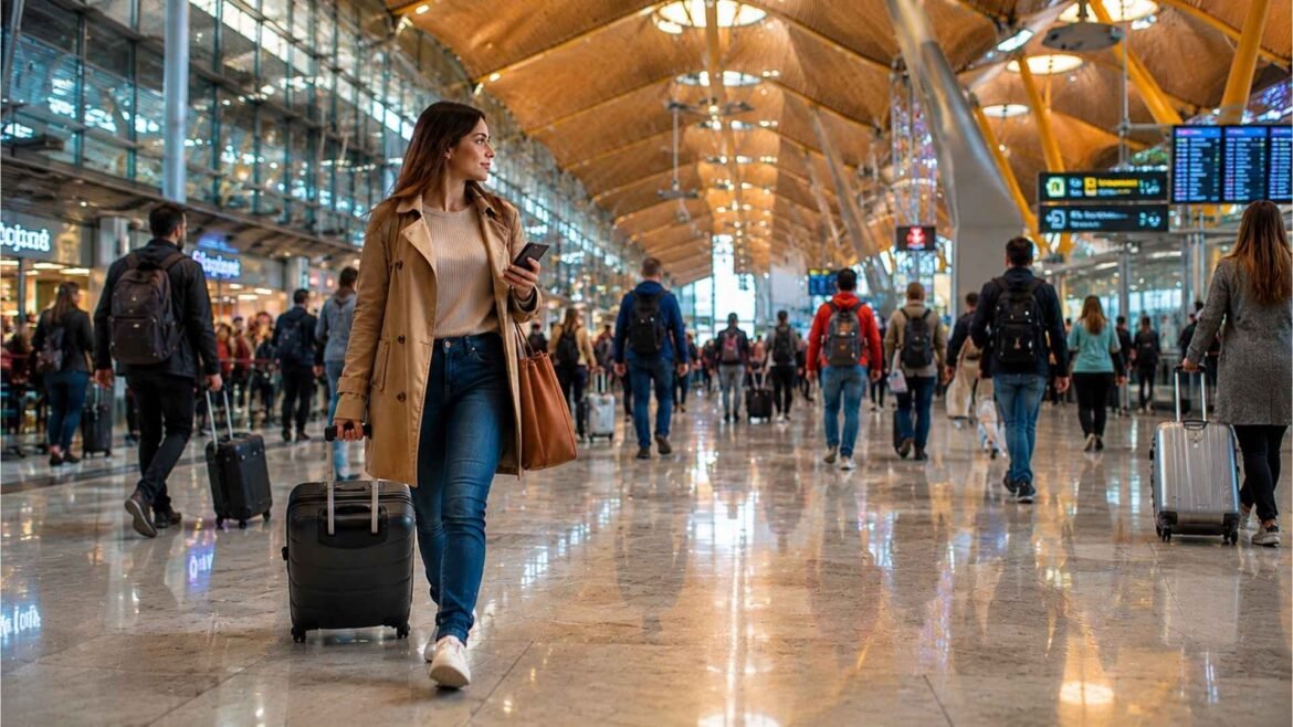 Madrid Barajas Airport Self Transfer passenger navigating the terminal with luggage