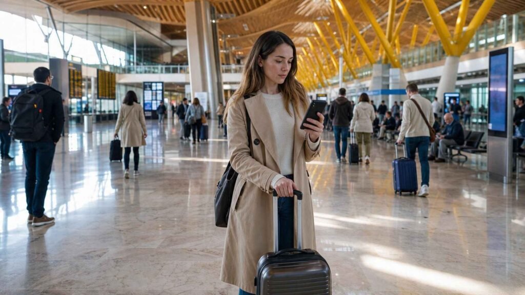 Traveller checking her phone during a Madrid Barajas Airport self-transfer with separate tickets
