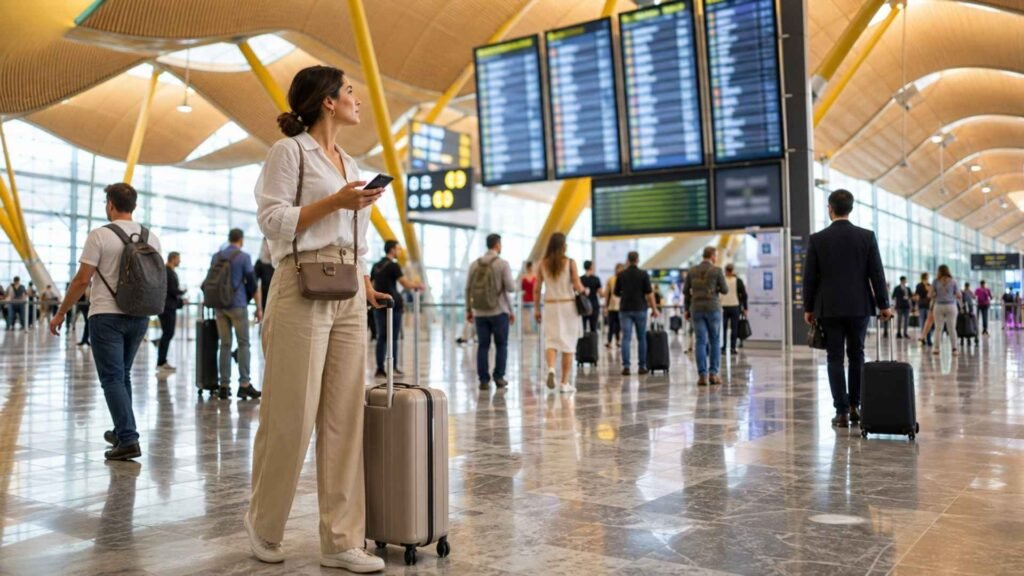 Traveler checking airport information screens to confirm her Madrid Barajas arrival terminal