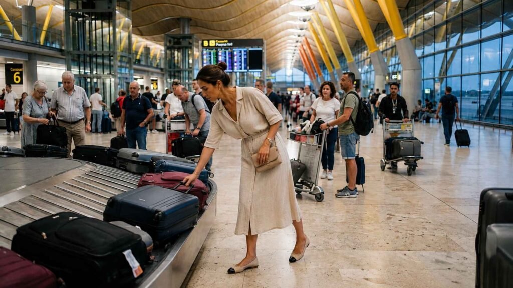 Traveler collecting checked baggage from a carousel after arriving at Madrid Barajas Airport