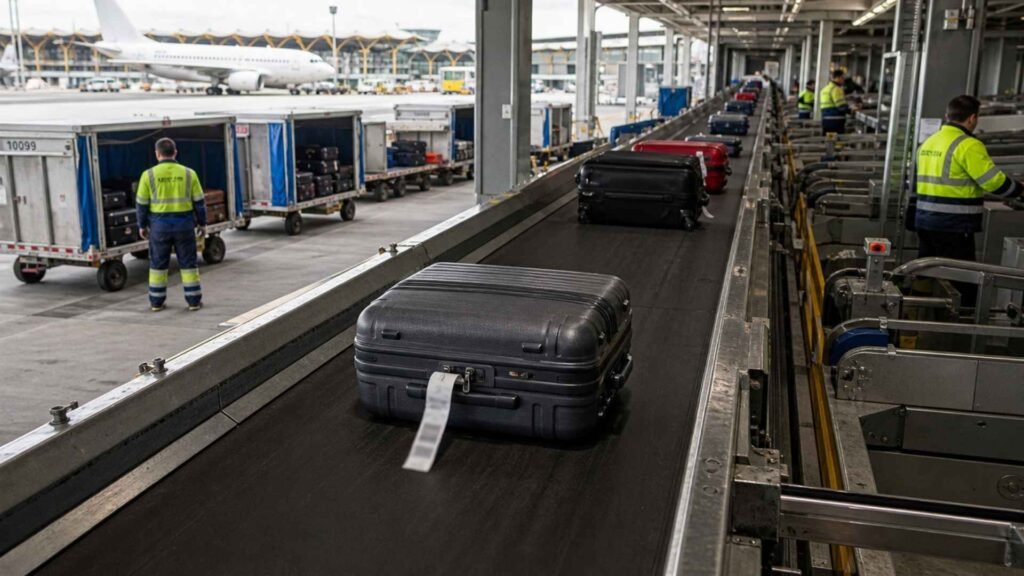 Checked baggage moving through an airport transfer system during a protected Madrid Barajas connection