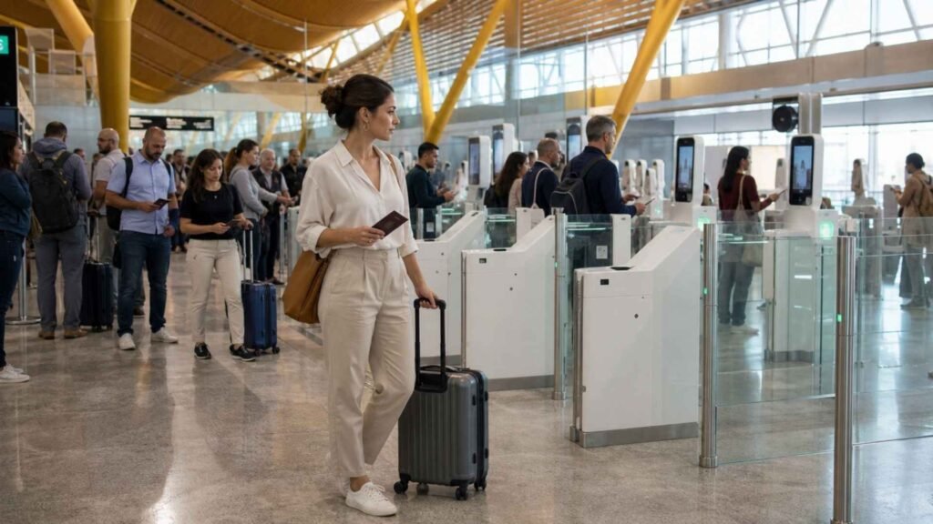 Traveler with passport approaching biometric border control during a Madrid Barajas Airport arrival