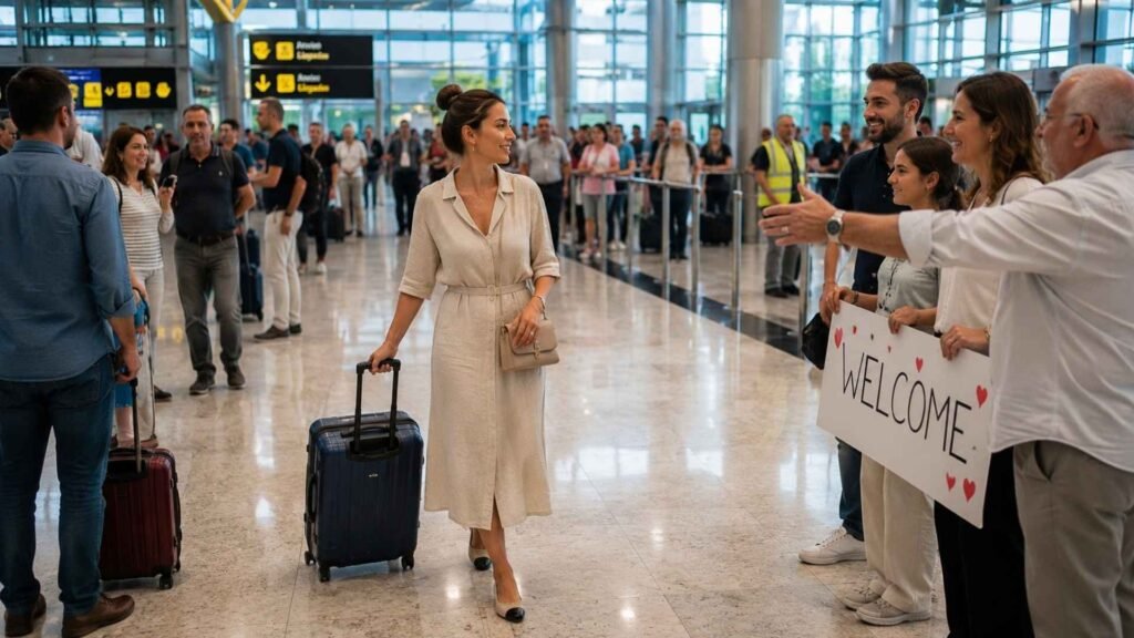 Traveler entering the public arrivals hall at Madrid Barajas Airport with luggage