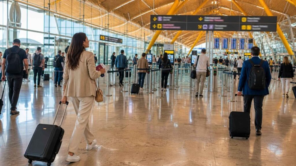 Connecting passenger walking toward passport control during a Schengen to non-Schengen connection at Madrid Barajas Airport