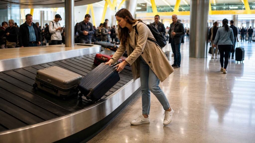 Passenger collecting checked baggage during a Madrid Barajas Airport self-transfer