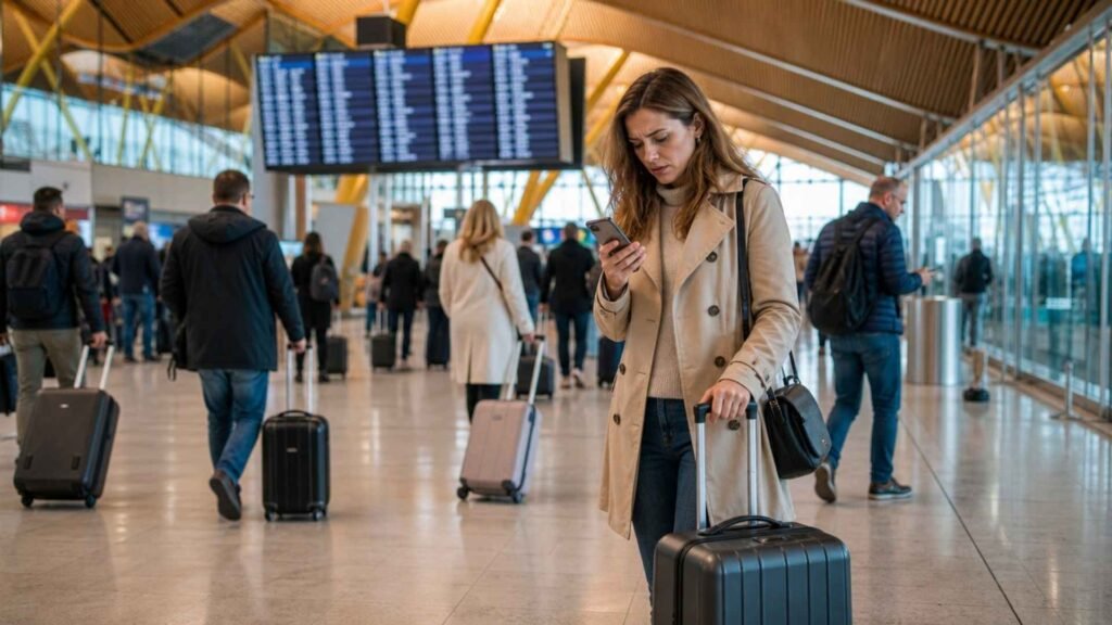 Traveller checking her phone after a flight delay during a Madrid Barajas self-transfer