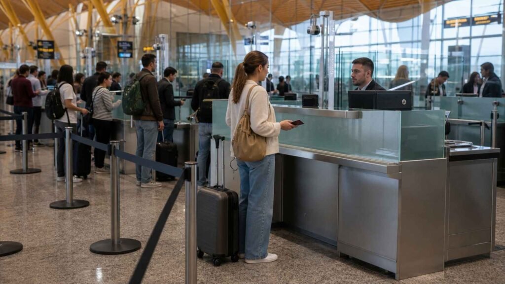 Passenger at passport control during a Madrid Barajas Airport self-transfer