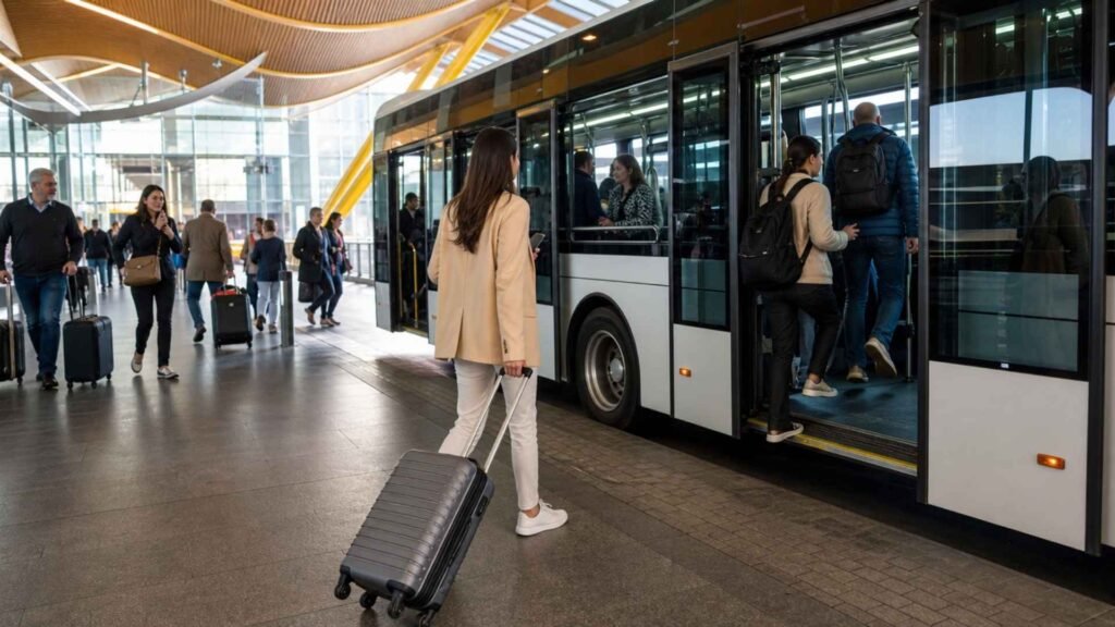 Passenger with luggage boarding a terminal shuttle during a Madrid Barajas self-transfer