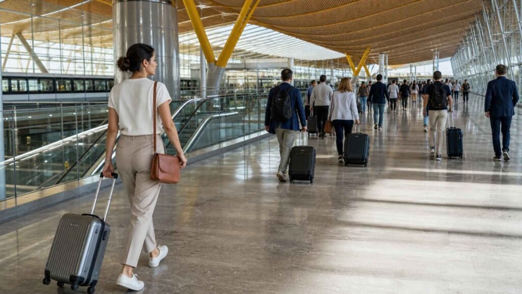 Traveler continuing from Madrid Barajas T4S toward T4 with luggage through the terminal