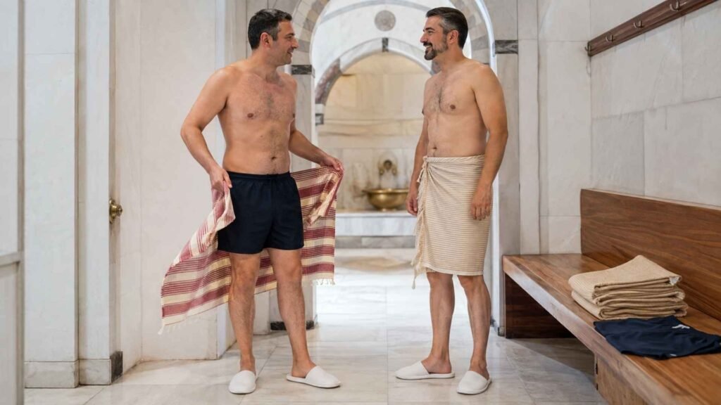 Two men preparing for a Turkish bath with swim trunks and waist-wrapped peştemals