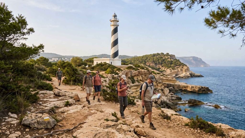 Moscarter Lighthouse Trail in Ibiza with hikers following a rocky coastal path toward the black-and-white striped lighthouse