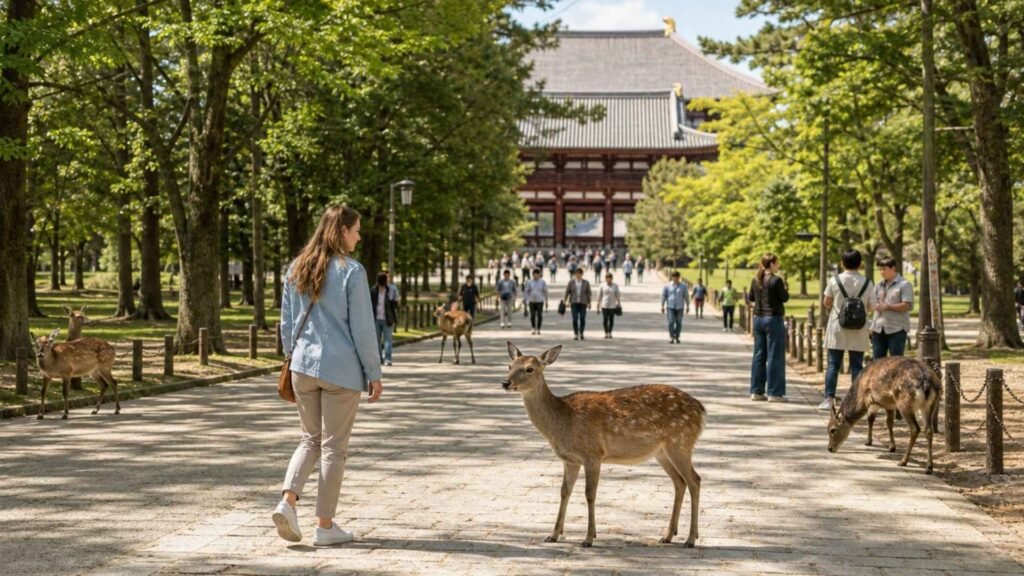 International traveler walking among free-roaming deer in Nara Park during a day trip