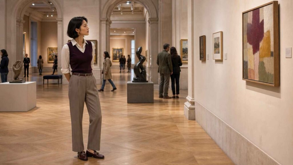 Woman in a cotton shirt, plum knit vest and tailored trousers viewing a painting in a European museum