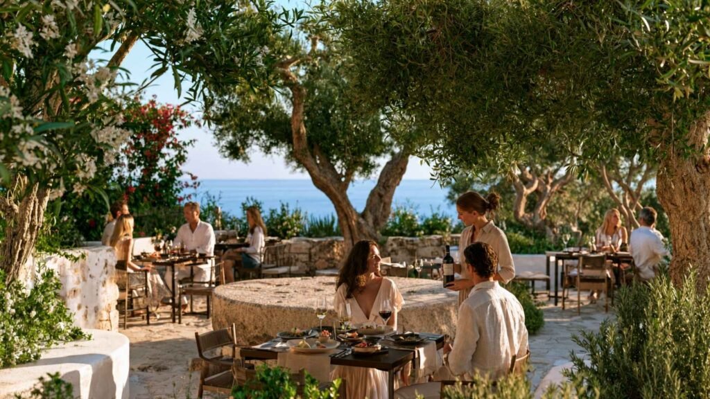 Old Mill Restaurant in Elounda with creative Cretan cuisine and wine served in a romantic garden beside the ancient millstone.