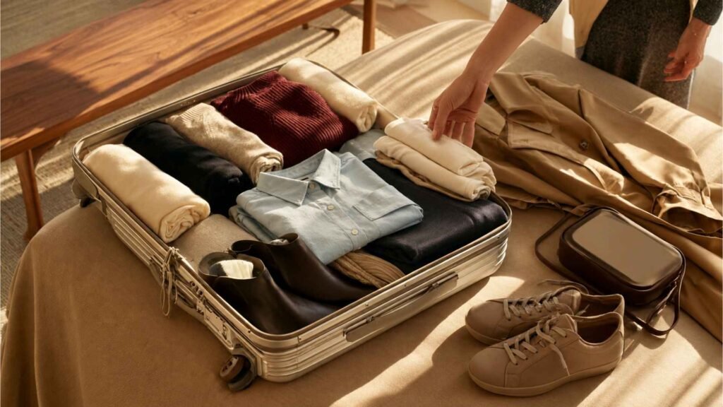 Woman packing coordinated fall clothing into a carry-on suitcase for a reusable European travel capsule wardrobe