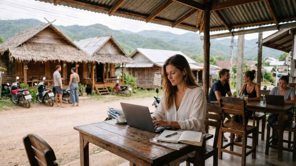 est places in Thailand for digital nomads featuring a remote worker at a mountain café in Pai
