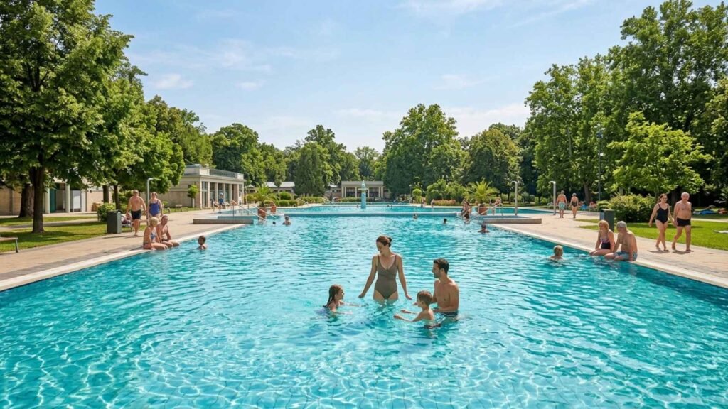 Palatinus Thermal Bath experience with families enjoying a large outdoor pool surrounded by greenery in Budapest
