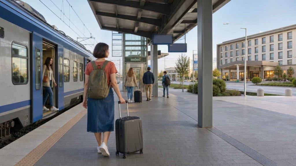 Traveller leaving a regional train beside a hotel near Parco Leonardo station and Fiumicino Airport