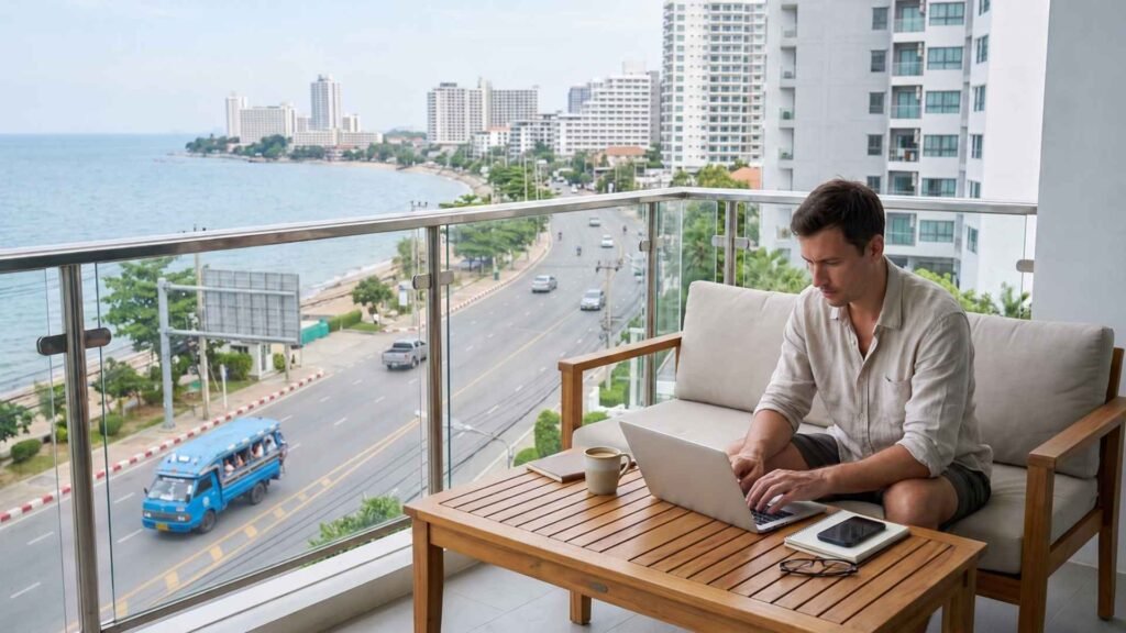 Pattaya digital nomad working from a modern Jomtien condominium overlooking the coast and a blue songthaew