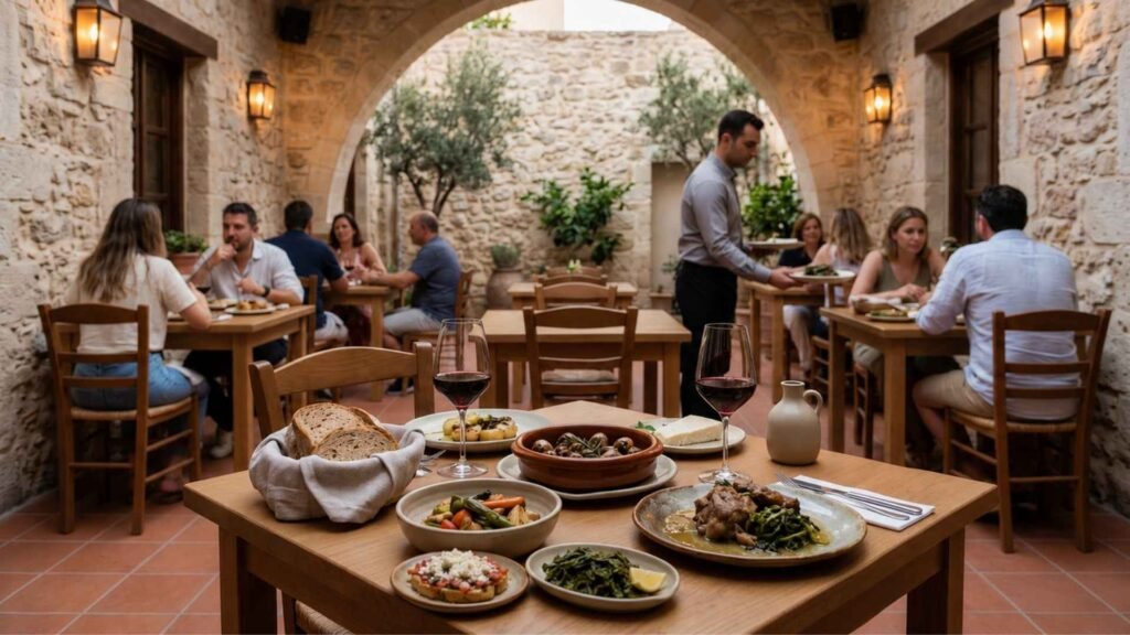 Peskesi-inspired Cretan dining experience with shared local dishes in a restored stone residence in Heraklion