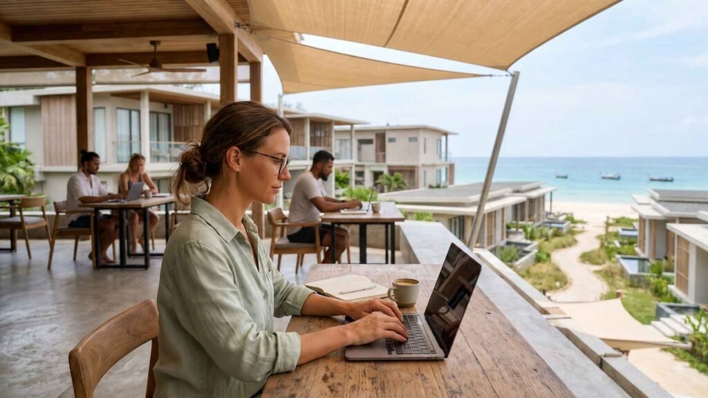 Phuket digital nomad working from a premium beachfront coworking terrace overlooking the Andaman Sea