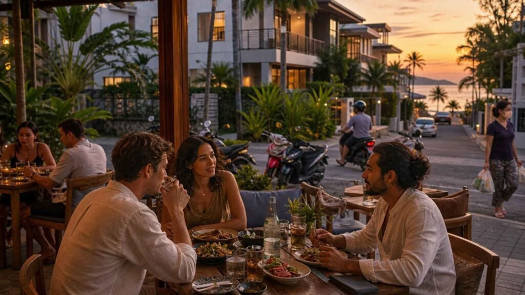 Digital nomads dining at an open-air restaurant in a Phuket coastal neighborhood with modern residences and scooters nearby