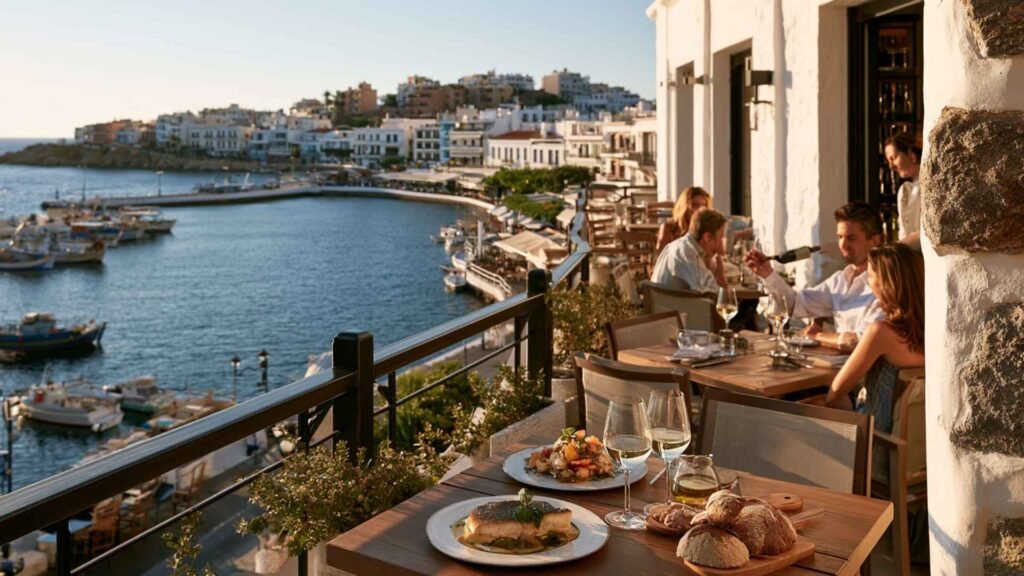 Piato restaurant in Agios Nikolaos with creative Greek seafood, Cretan olive oil and wine served on a harbour-facing balcony.