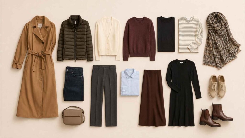 Fifteen coordinated clothing, footwear and accessory pieces arranged for a fall travel capsule wardrobe for Europe