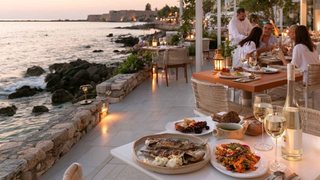 Best Restaurants in Crete featuring a Prima Plora-inspired seafood dinner beside the sea at sunset in western Rethymno