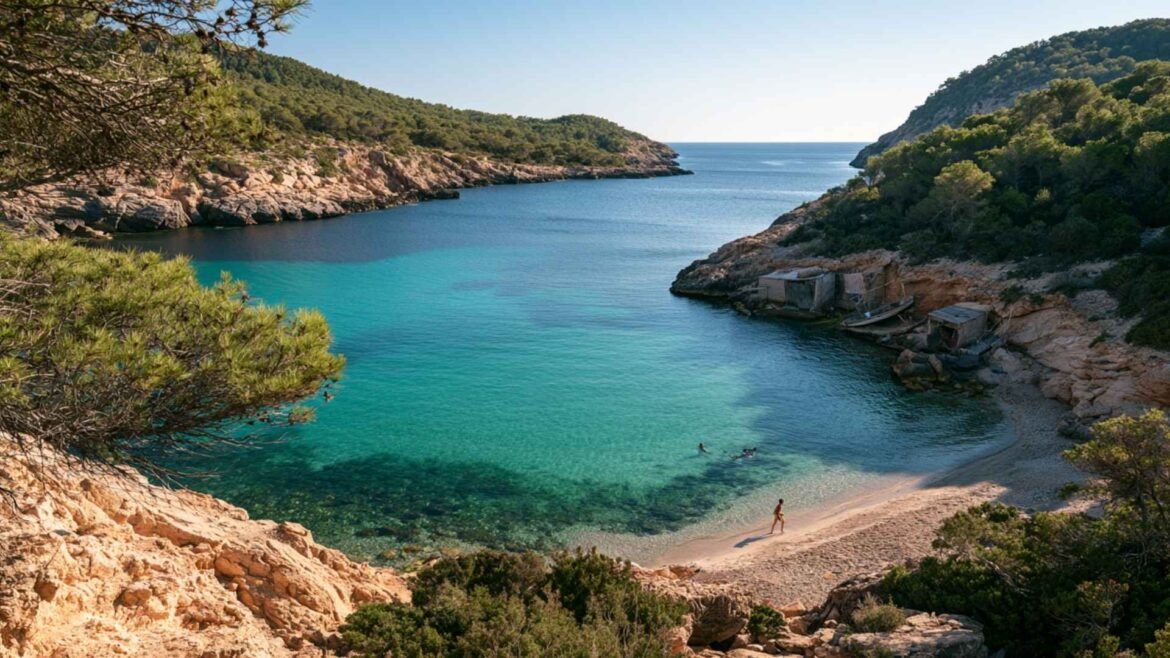 Quiet Places in Ibiza hero image showing a secluded turquoise cove surrounded by pine-covered cliffs and traditional fishermen’s huts