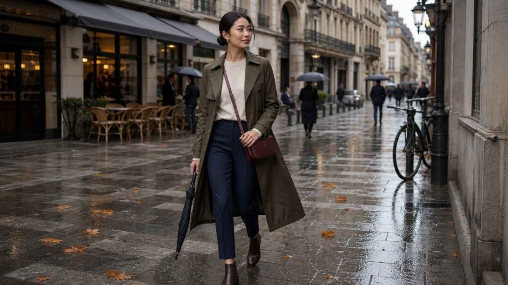 Woman wearing an olive trench coat, oatmeal sweater, navy trousers and brown ankle boots on a rain-wet European street