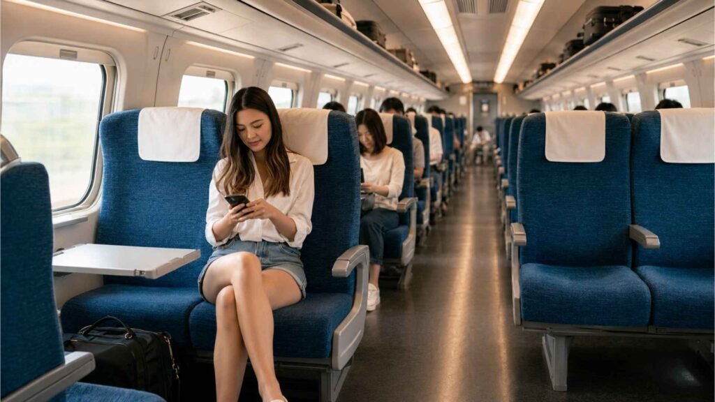 Female traveler checking her seat reservation inside a Shinkansen Ordinary Car with a visible 2+3 seating layout