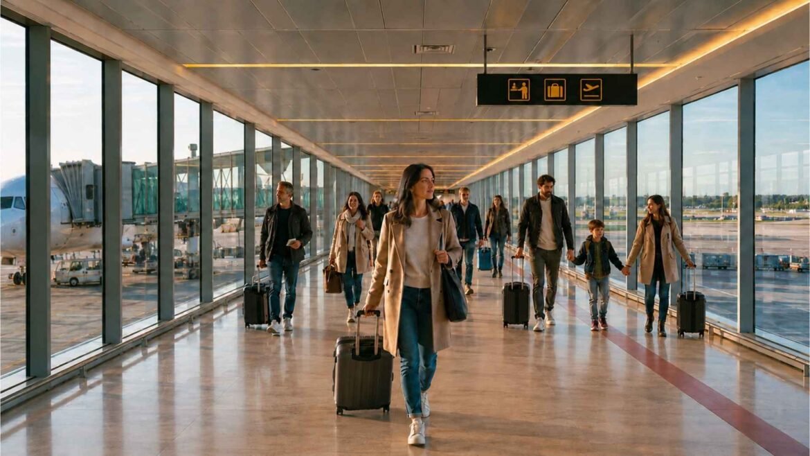 Rome Fiumicino Airport Arrival Guide hero image showing passengers walking through a glass terminal corridor after landing.