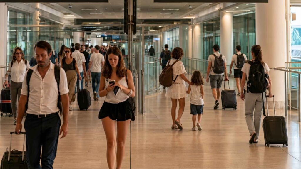 Rome Fiumicino Airport Guide showing arriving passengers following baggage claim and flight connection signs