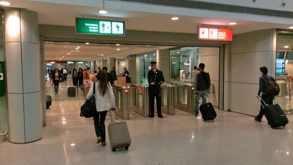 Rome Fiumicino Airport Arrival Guide image showing travellers choosing between the green and red customs channels after baggage reclaim.