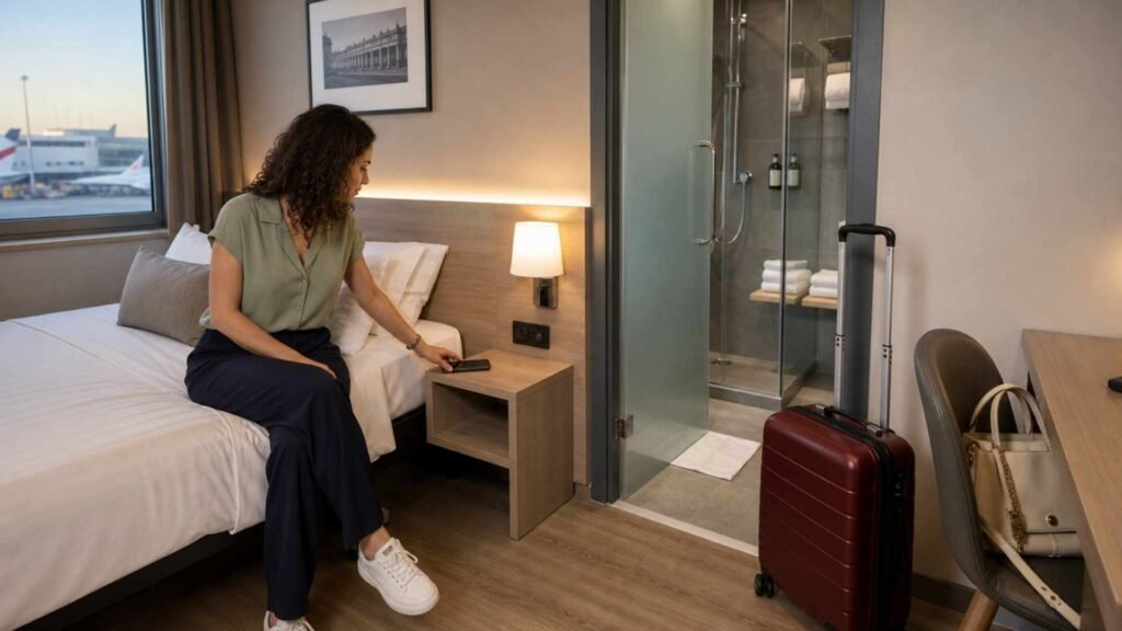 Rome Fiumicino Airport day-use room with a traveller, private shower and rolling suitcase