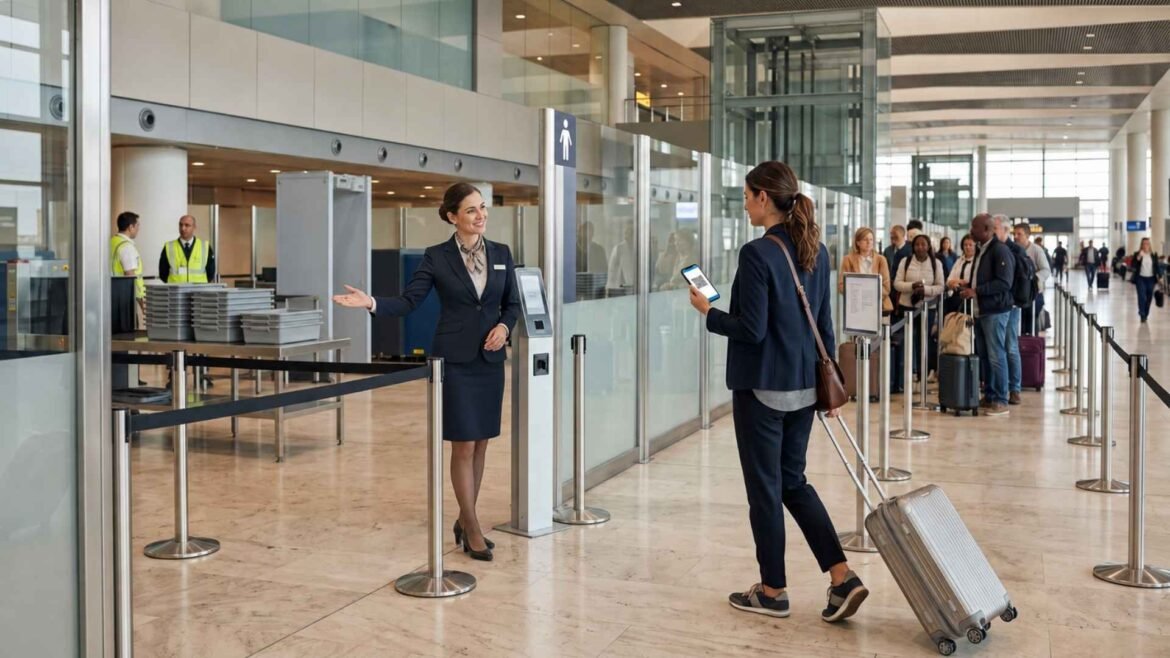 Rome Fiumicino Airport Fast Track passenger showing a QR code at the priority security entrance