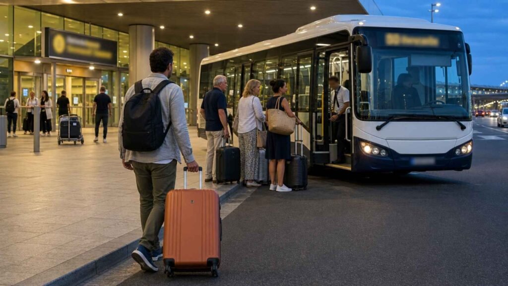 Travellers boarding a free shuttle outside Rome Fiumicino Airport with their rolling suitcases