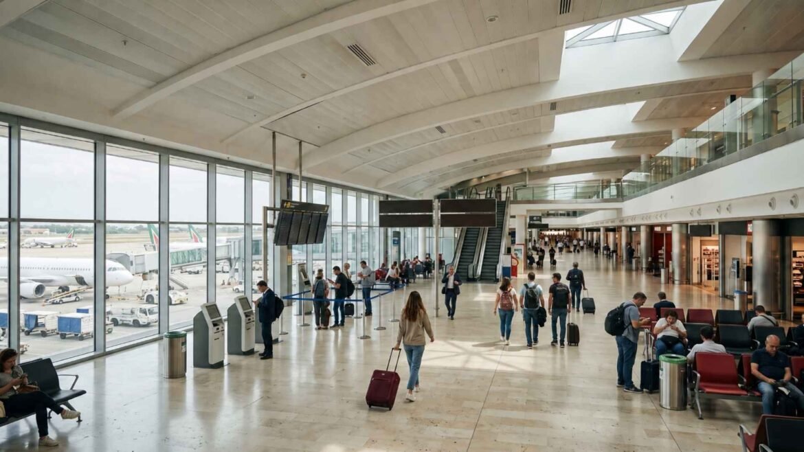 Rome Fiumicino Airport Guide showing travellers inside the modern Terminal 3 concourse at FCO