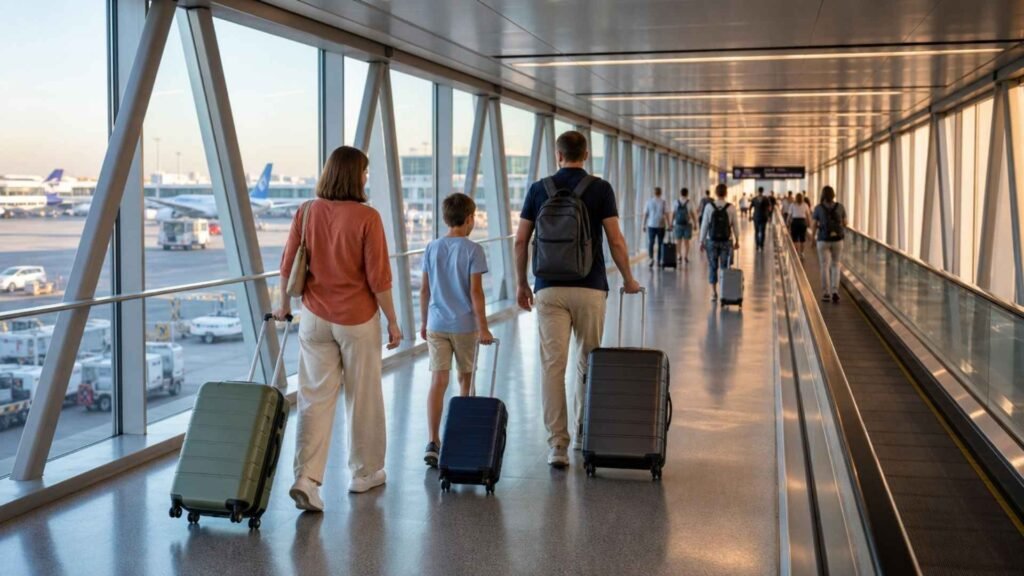 Family walking with suitcases through a covered passage to hotels near Rome Fiumicino Airport